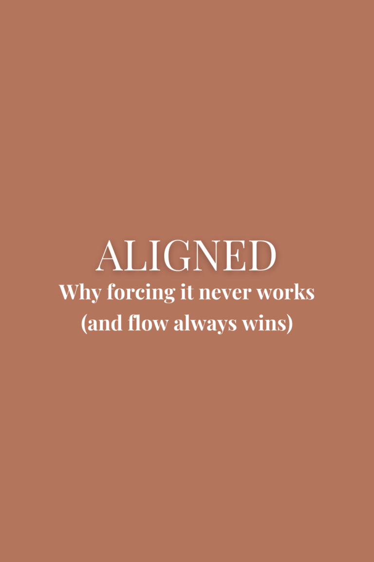 Muted rust Pinterest image with bold white and black text that reads: “A is for Aligned – Why forcing it never works (and flow always wins).” Designed for a calming, clarity-first A–Z mindset series for solopreneurs.