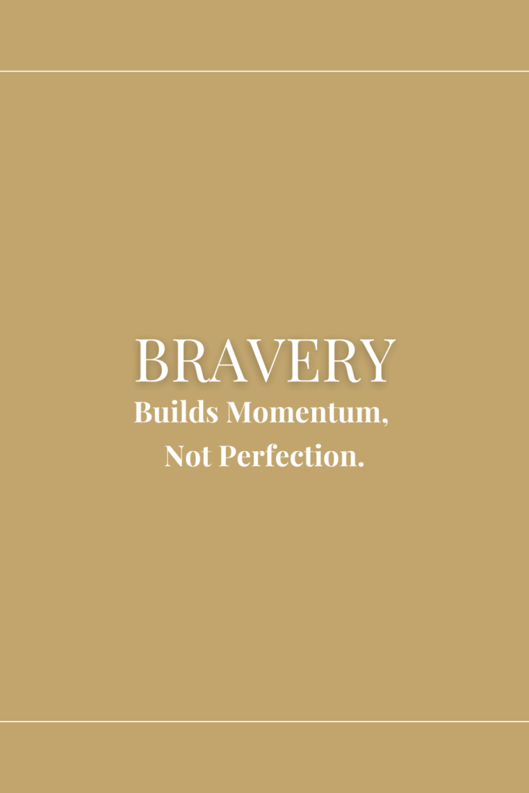 Neutral-toned minimalist Pinterest graphic with bold serif text: “Bravery Builds Momentum, Not Perfection.” Soft, empowering visual for mindset-driven entrepreneurs