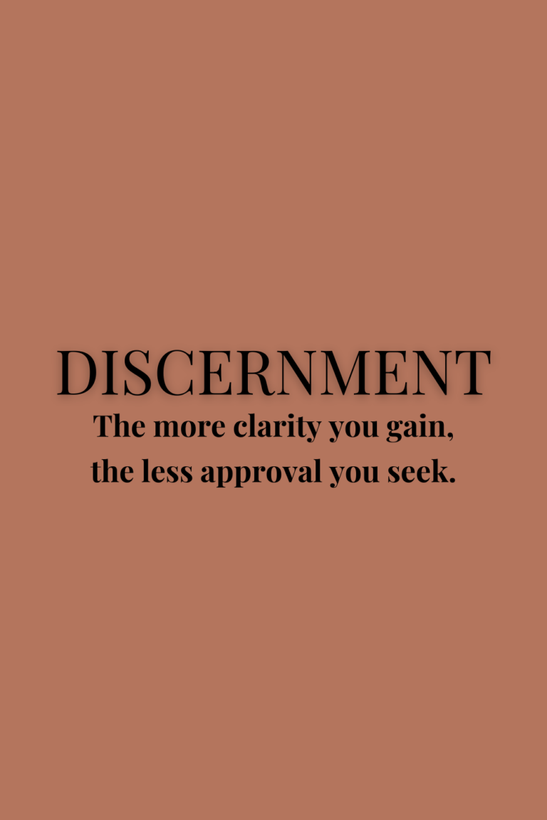 Minimalist Pinterest quote pin with a terracotta background and bold black serif text that reads: “DISCERNMENT – The more clarity you gain, the less approval you seek.” Designed to promote a mindset blog for creators and solopreneurs focused on intentional growth and decision-making in business.