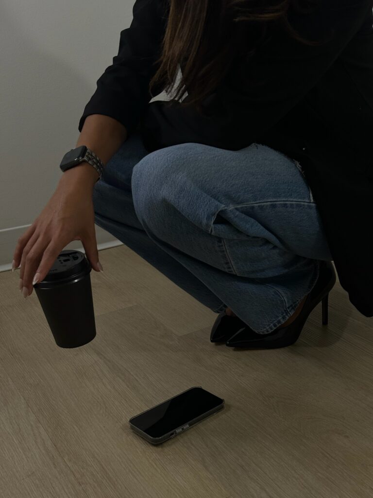 mom chilling with a cup of coffee and not online 24/7