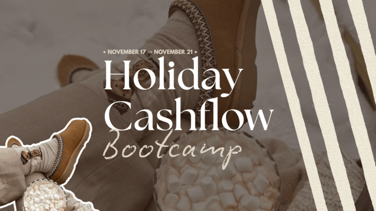 A cozy flat lay featuring warm slippers, a mug of hot chocolate with marshmallows, and text that reads “Holiday Cashflow Bootcamp" The image represents a calm, cozy business season focused on balance and peace for digital marketers and moms building online businesses.