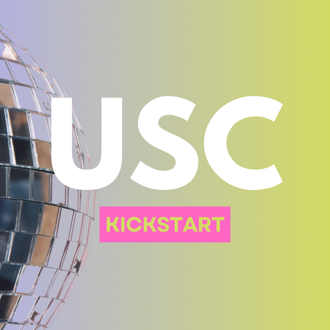 A bright modern USC Kickstarter image featuring a disco ball and gradient background, representing freedom, clarity, and growth for moms building sustainable digital businesses through the Unfaced Strategy Course.